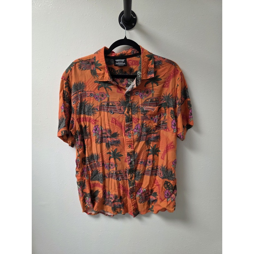 GoodGuys Hot Rod Hawaiian‎ Shirt Mens Medium Orange Rayon Vintage Cars Floral